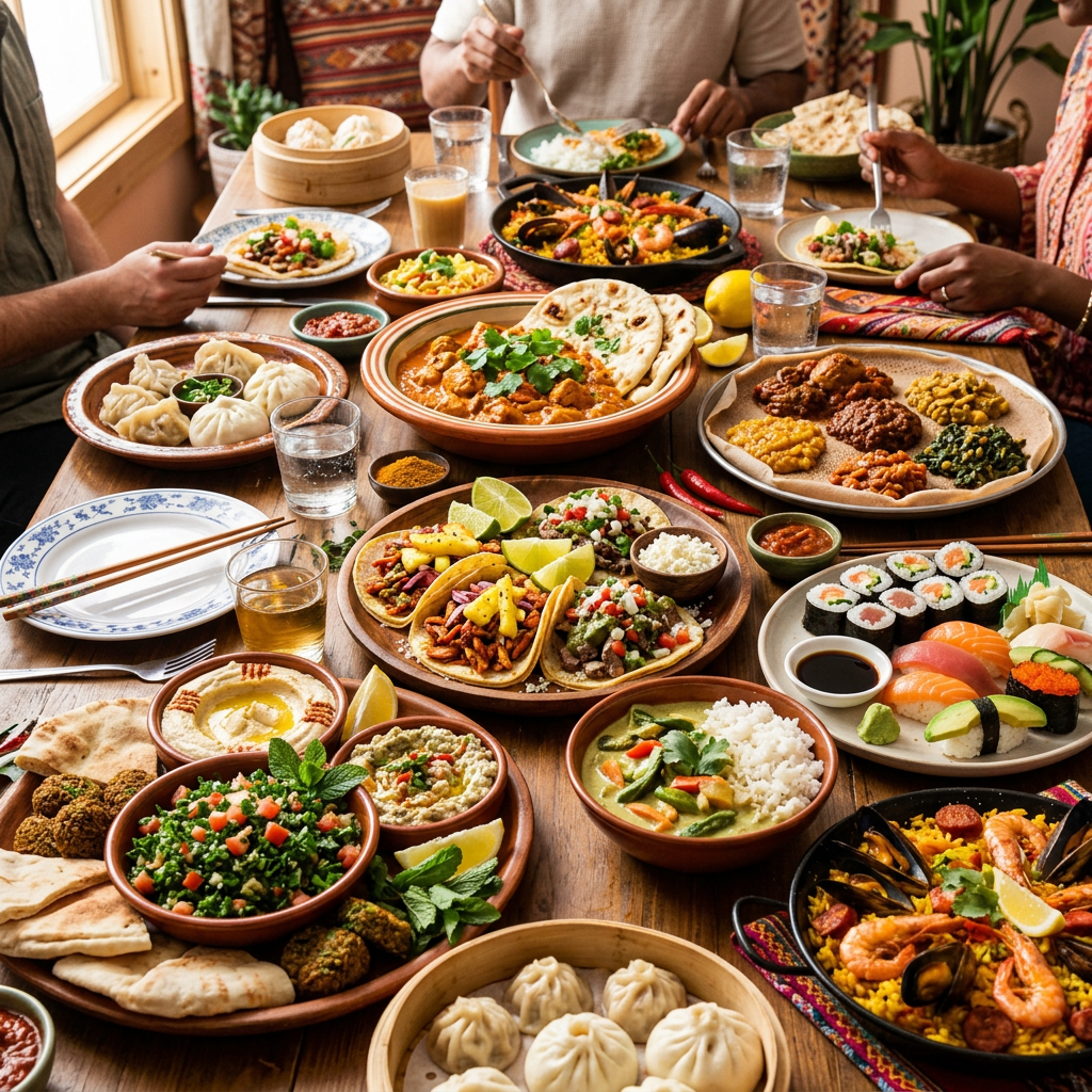 Table with a variety of international dishes including sushi, tacos, dumplings, curry, paella, and salads with people eating.